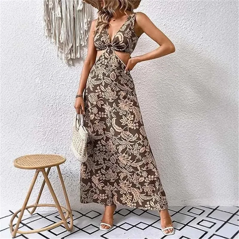 Handmade Printed Waist-controlled Strap Vest Long Dress