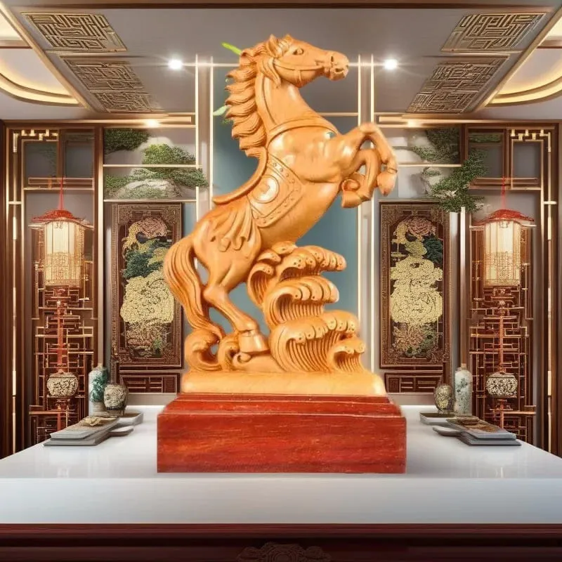 Natural Cypress Wood Carved Horse Statue