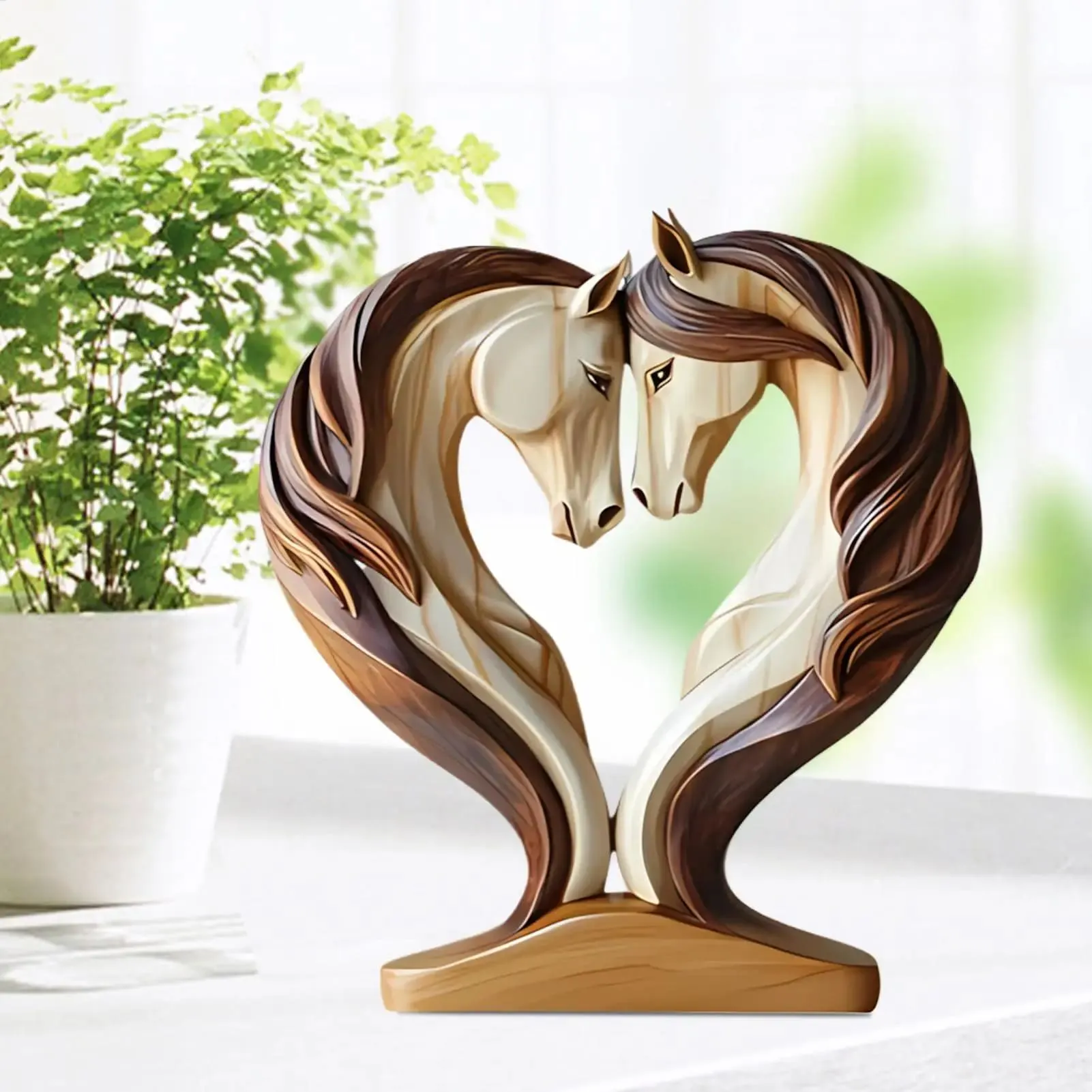 Solid Wood Snuggle Pose Horse Statue