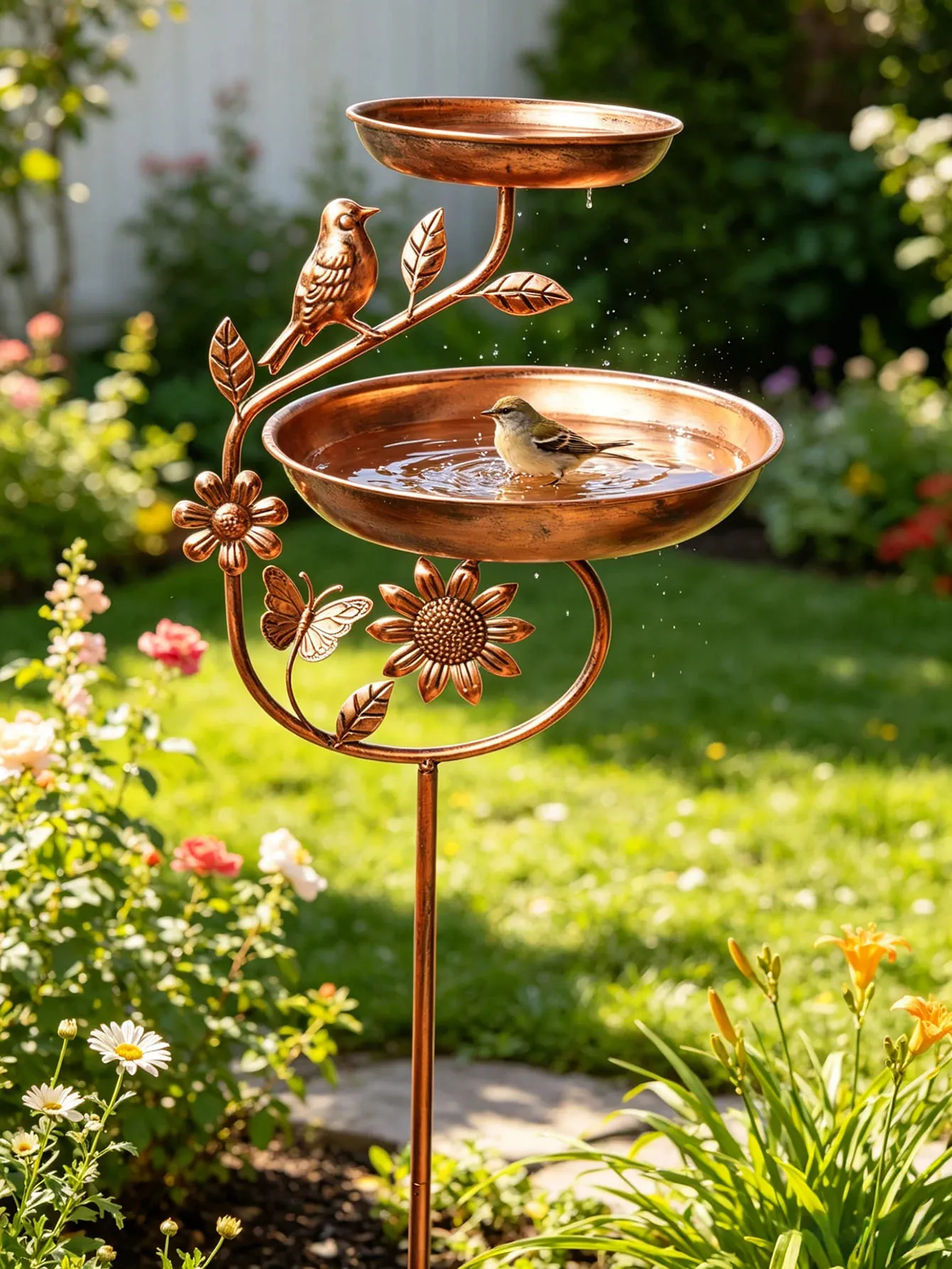 Double-Bowl Metal Bird Bath