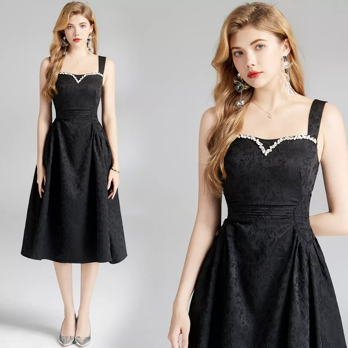 Art Retro French Style Dress: Handmade Rhinestone Slim Fit Midi Dress