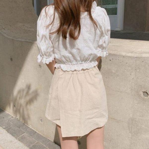 Embroidered crochet pleated short shirt