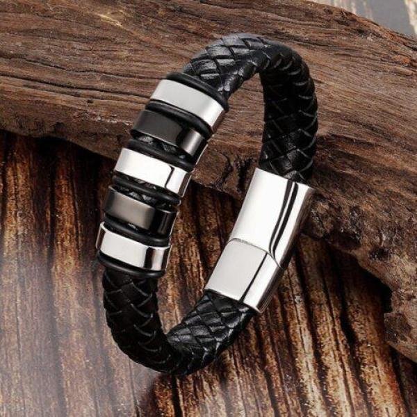 Leather Cord Bracelet Men's Stainless Steel